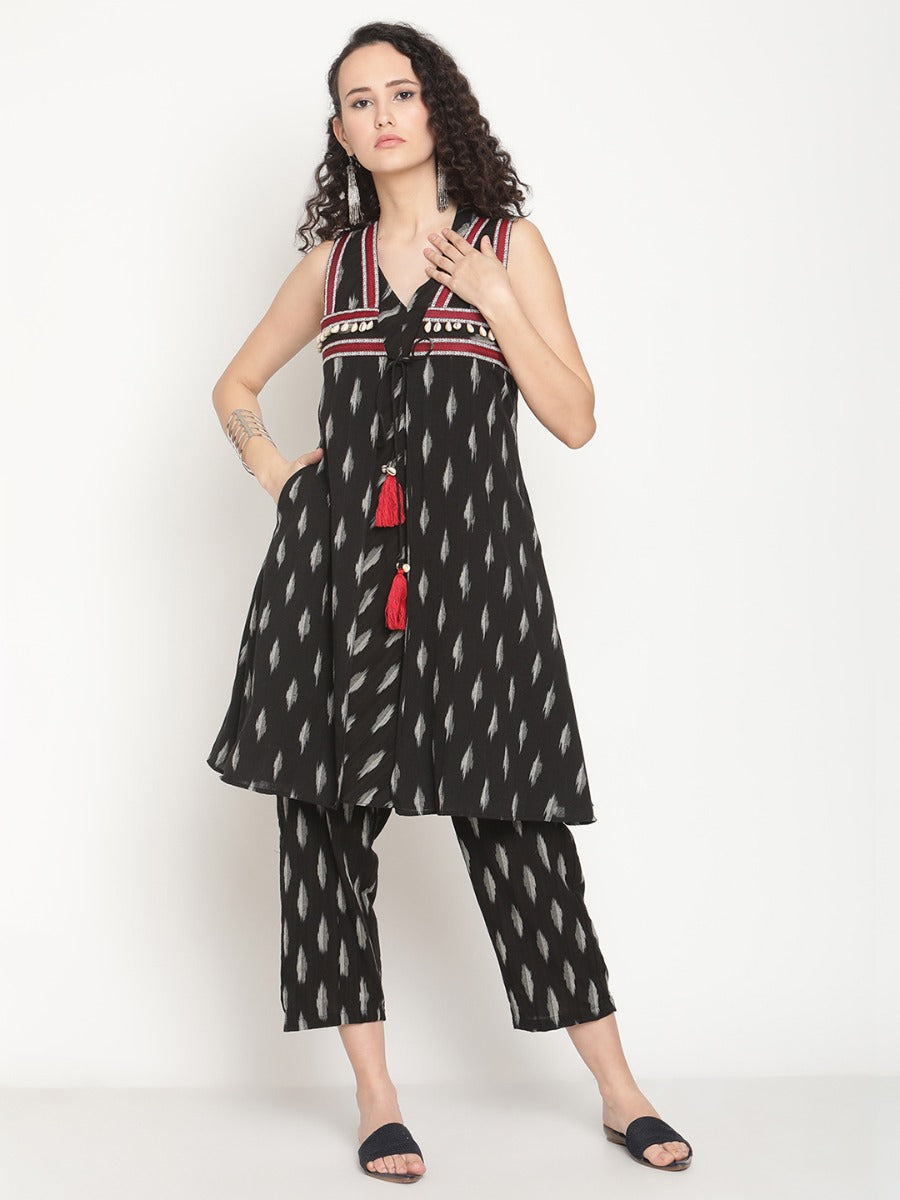 Midnight Black V-neck Kurta With Boho Jacket And Pants