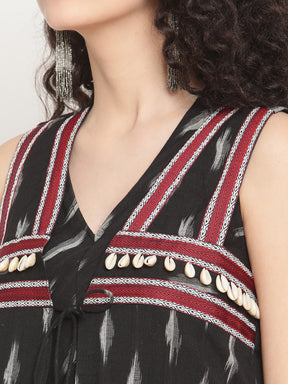 Midnight Black V-neck Kurta With Boho Jacket And Pants