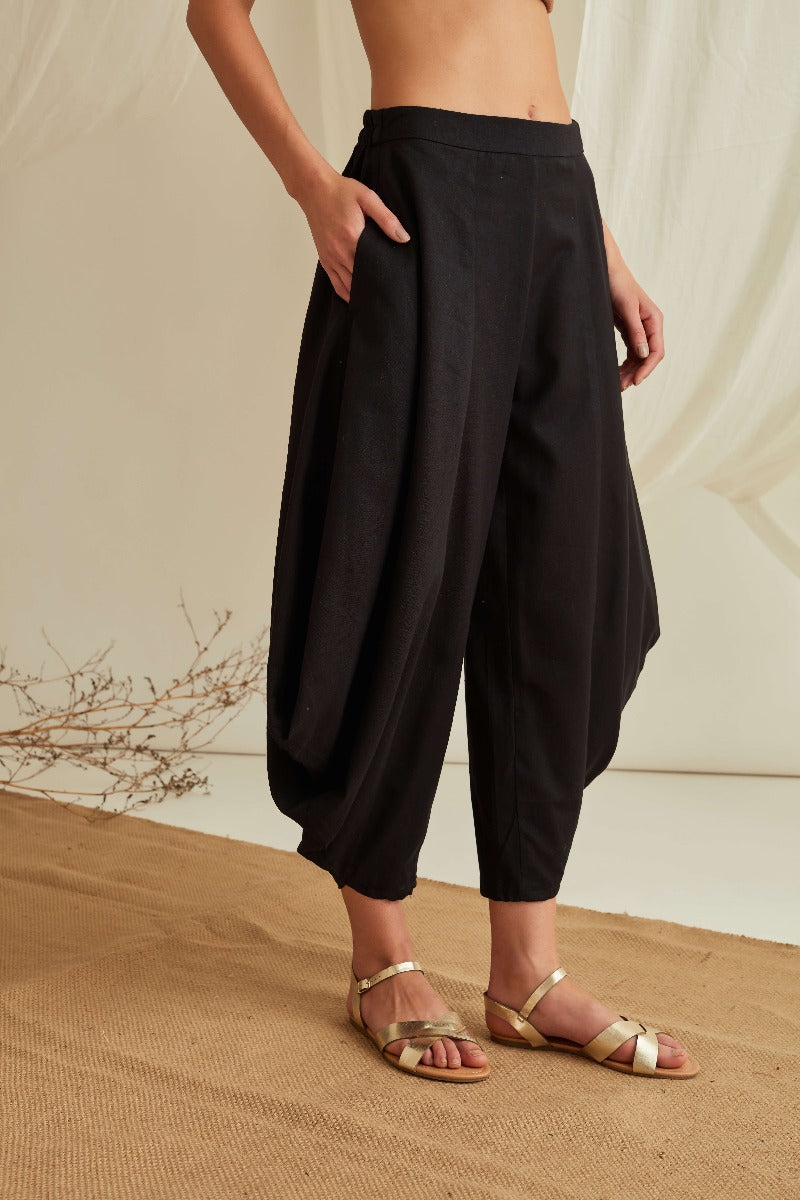 Elasticated waist flared cowl pants-Midnight Black