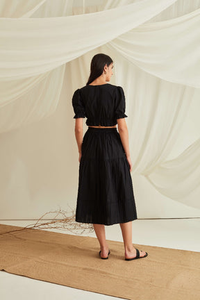 Button down pleated hem tiered skirt-Midnight Black