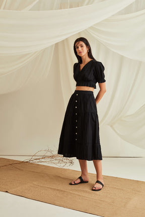 Button down pleated hem tiered skirt-Midnight Black