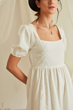 Puff sleeves midi tiered dress with slit-Marshmallow White