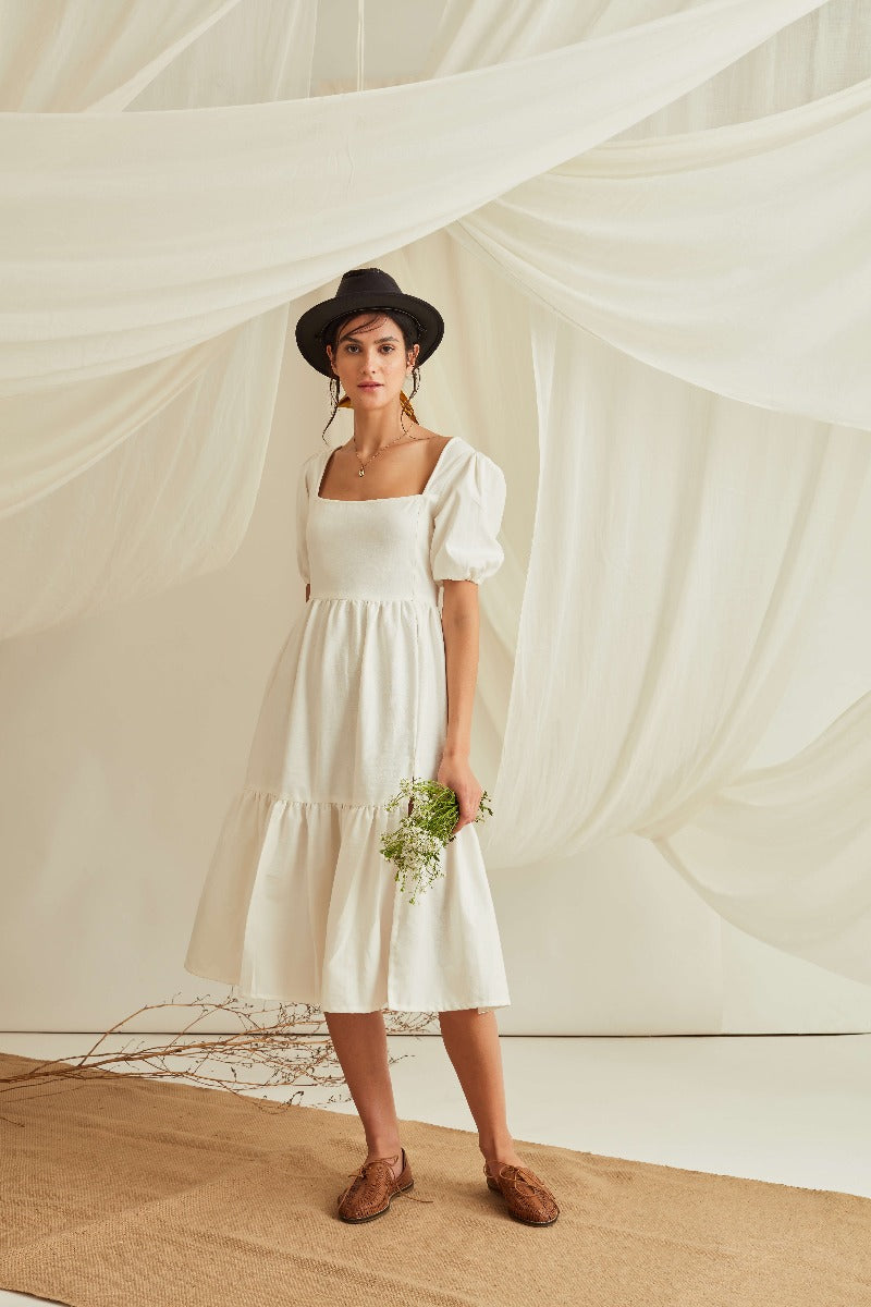 Puff sleeves midi tiered dress with slit-Marshmallow White