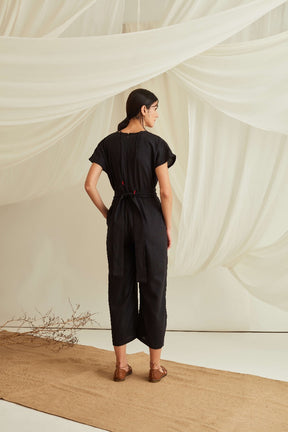 Overlapped neckline belted jumpsuit-Midnight Black