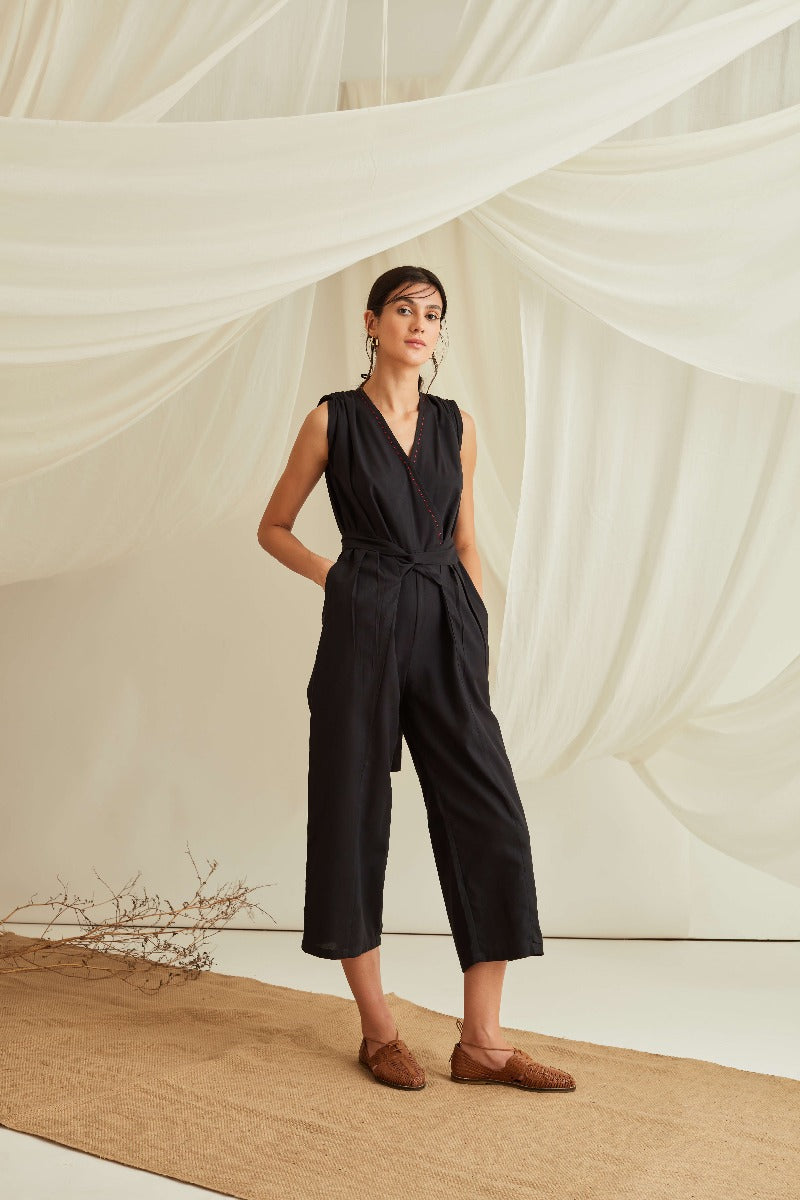 Overlapped neckline belted jumpsuit-Midnight Black