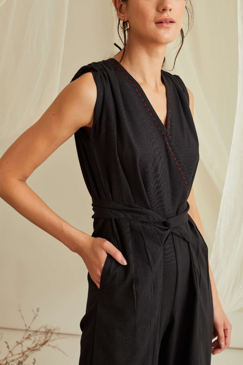 Overlapped neckline belted jumpsuit-Midnight Black