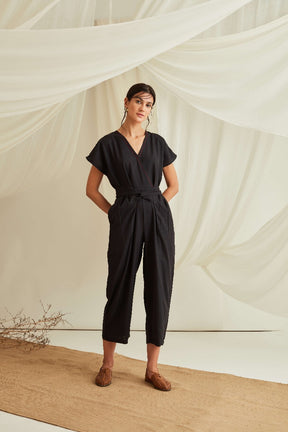 Overlapped neckline belted jumpsuit-Midnight Black