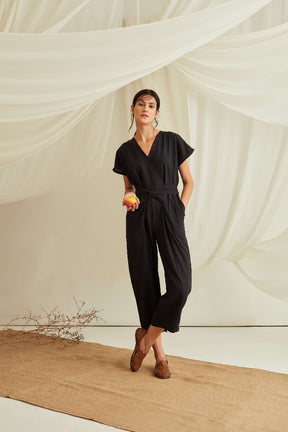 Overlapped neckline belted jumpsuit-Midnight Black