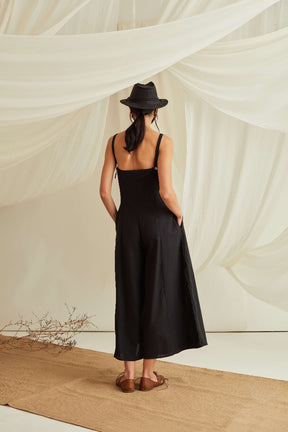 Adjustable strap button down jumpsuit-Midnight Black