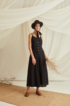 Adjustable strap button down jumpsuit-Midnight Black