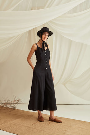 Adjustable strap button down jumpsuit-Midnight Black