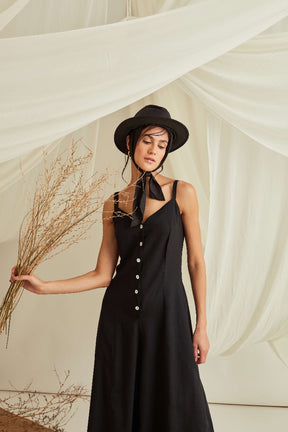 Adjustable strap button down jumpsuit-Midnight Black