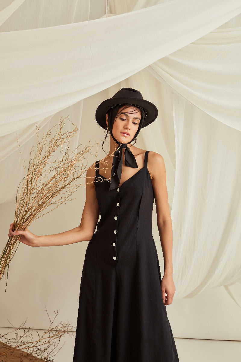 Adjustable strap button down jumpsuit-Midnight Black
