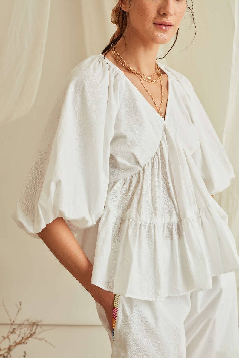 Balloon sleeve tiered cotton poplin top-Marshmallow White