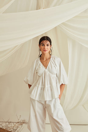 Balloon sleeve tiered cotton poplin top-Marshmallow White