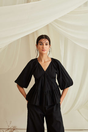 Balloon sleeve tiered cotton poplin top-Midnight Black