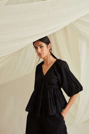 Balloon sleeve tiered cotton poplin top-Midnight Black