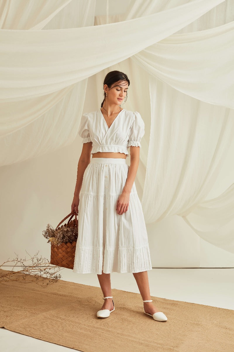 Overlapped puff sleeve cotton poplin crop top-Marshmallow White