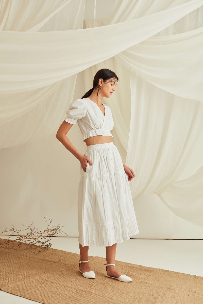 Overlapped puff sleeve cotton poplin crop top-Marshmallow White