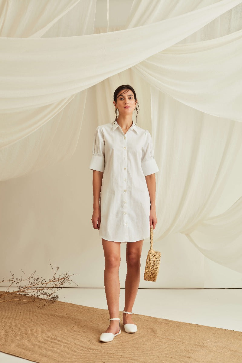 Gathered cuff sleeves mini shirt dress-Marshmallow White