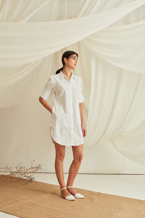 Gathered cuff sleeves mini shirt dress-Marshmallow White