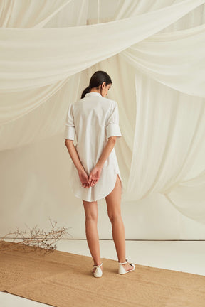 Gathered cuff sleeves mini shirt dress-Marshmallow White