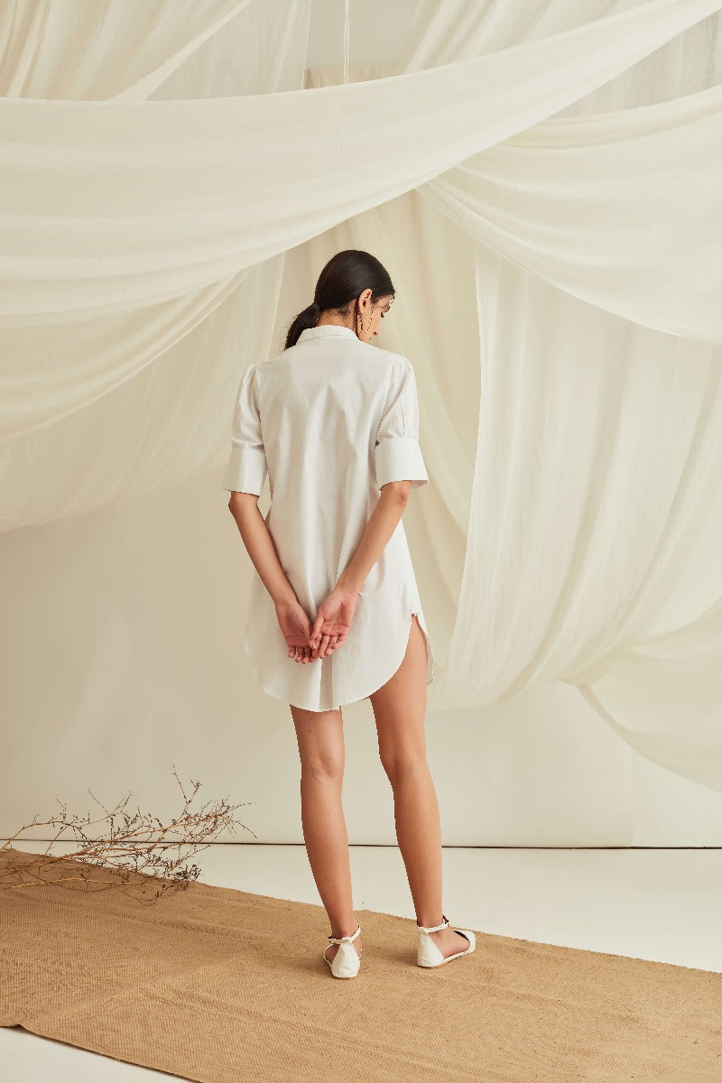 Gathered cuff sleeves mini shirt dress-Marshmallow White