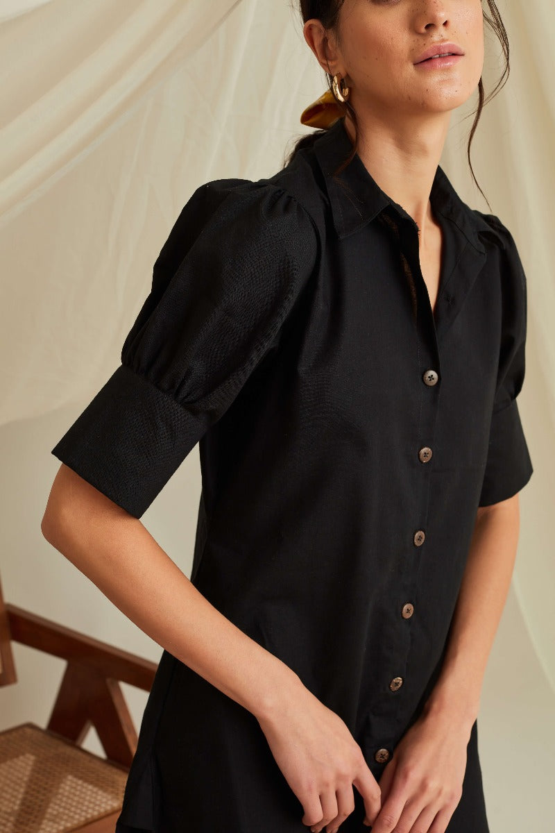 Gathered cuff sleeves mini shirt dress-Midnight Black
