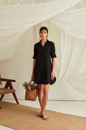 Gathered cuff sleeves mini shirt dress-Midnight Black