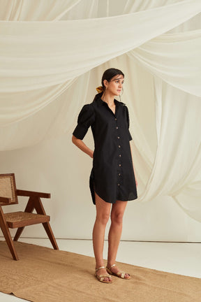 Gathered cuff sleeves mini shirt dress-Midnight Black