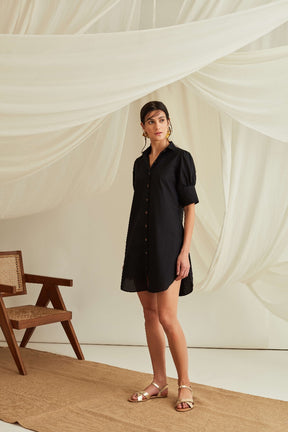 Gathered cuff sleeves mini shirt dress-Midnight Black