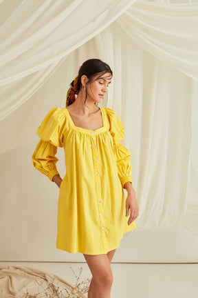 Marie sleeves down mini dress-Sunshine Yellow