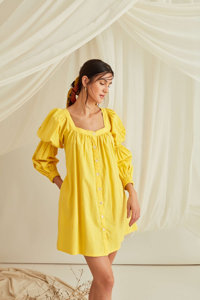 Marie sleeves down mini dress-Sunshine Yellow