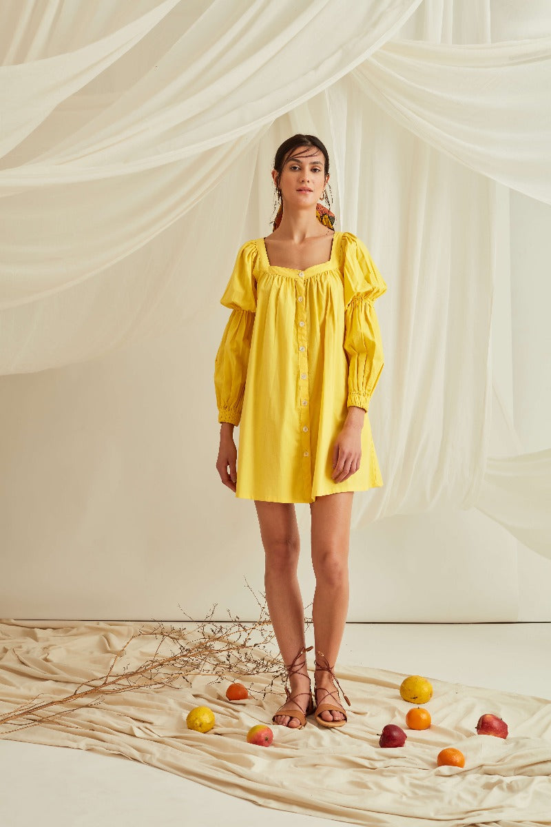 Marie sleeves down mini dress-Sunshine Yellow