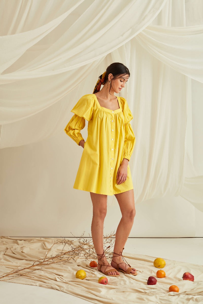 Marie sleeves down mini dress-Sunshine Yellow