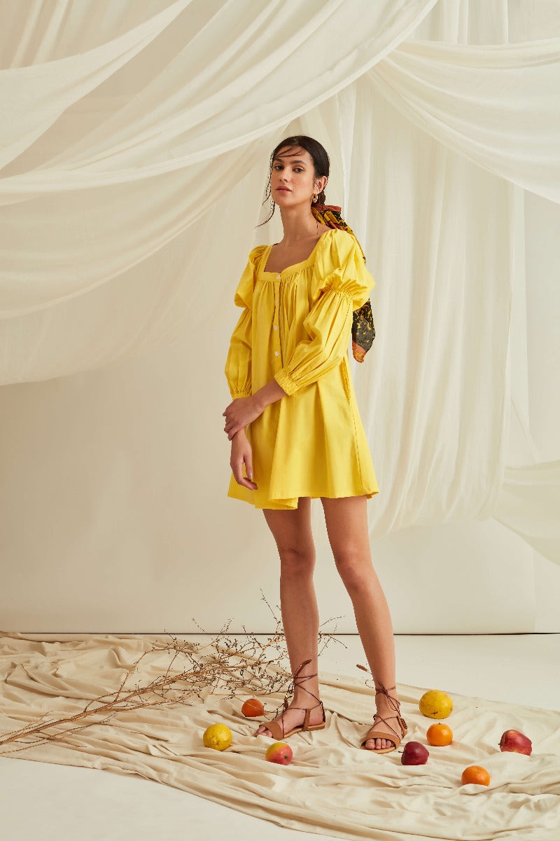 Marie sleeves down mini dress-Sunshine Yellow