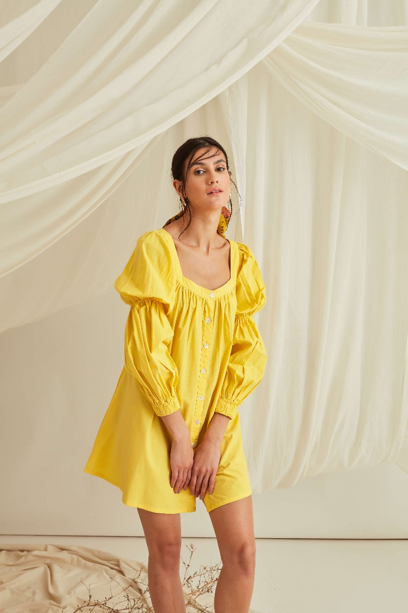 Marie sleeves down mini dress-Sunshine Yellow