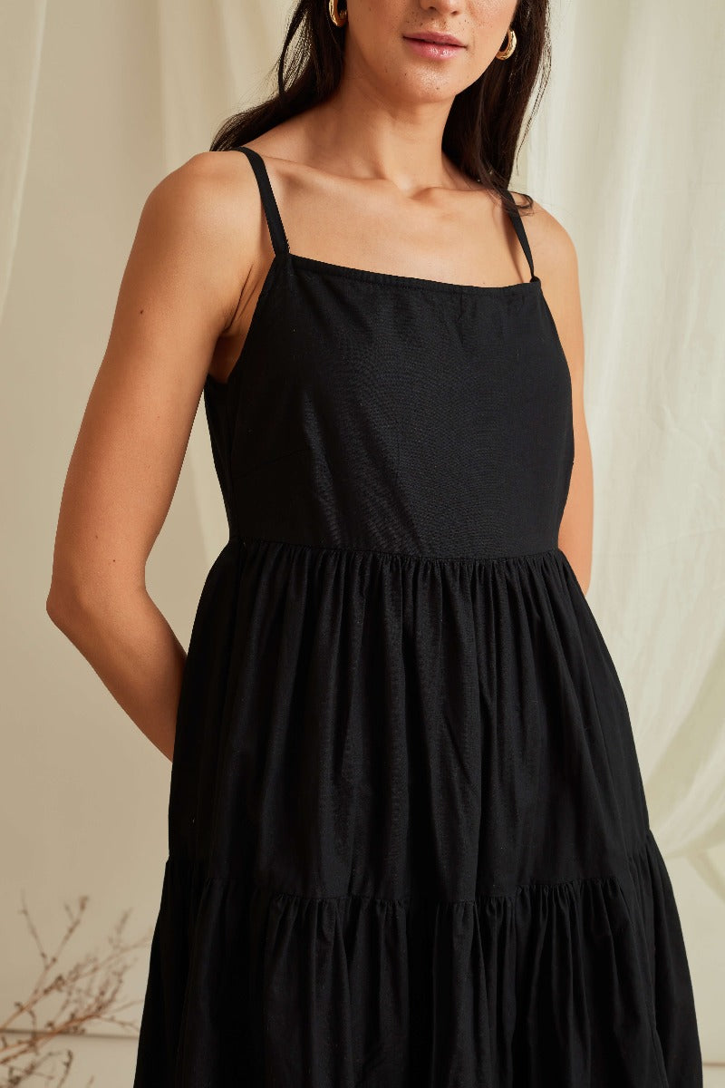 Strappy tiered cotton poplin maxi dress-Midnight Black