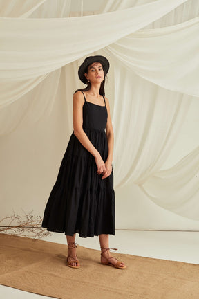 Strappy tiered cotton poplin maxi dress-Midnight Black
