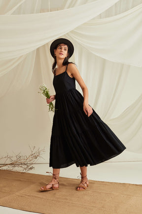 Strappy tiered cotton poplin maxi dress-Midnight Black