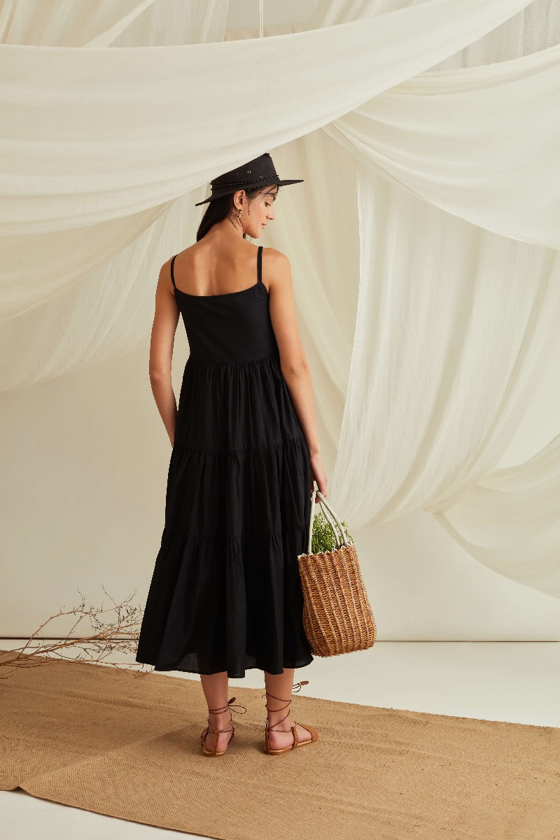 Strappy tiered cotton poplin maxi dress-Midnight Black