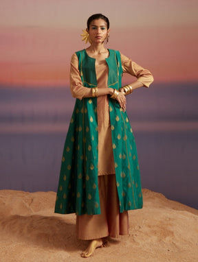 Coral-Green Sleeveless Jacket and Banarasi Kurta