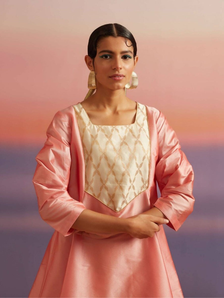 Coral Pink Banarasi Short Flared Kurta
