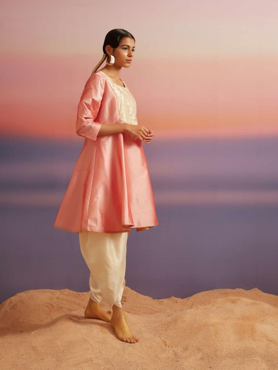 Coral Pink Banarasi Short Flared Kurta