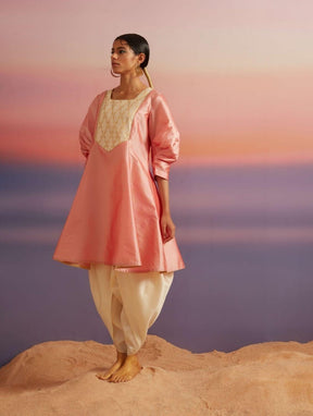 Coral Pink Banarasi Short Flared Kurta