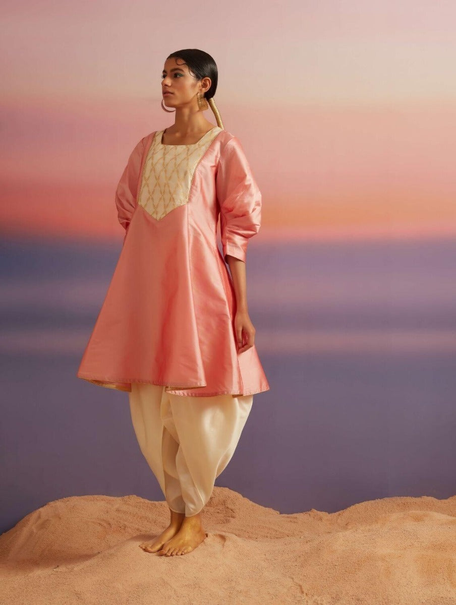 Coral Pink Banarasi Short Flared Kurta