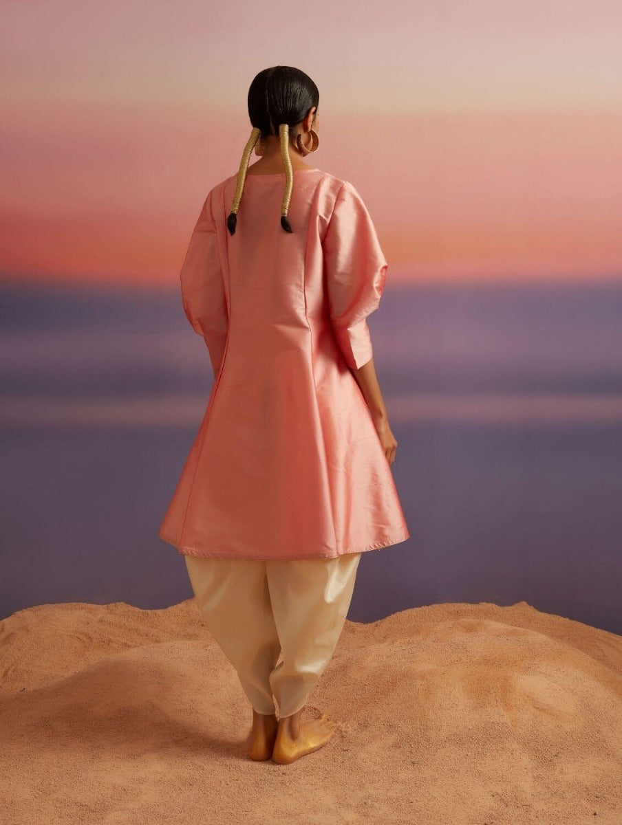 Coral Pink Banarasi Short Flared Kurta