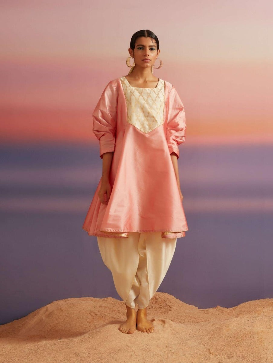 Coral Pink Banarasi Short Flared Kurta