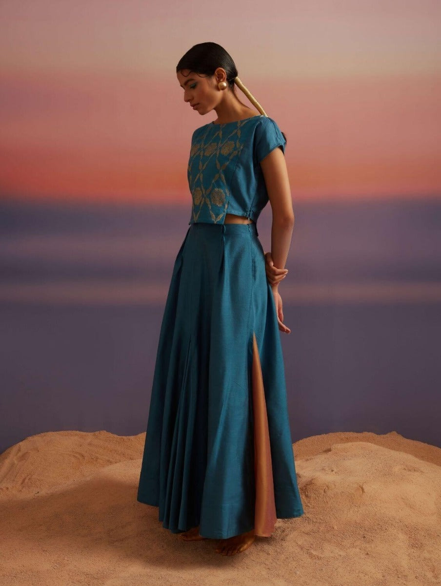 Coral Blue Banarasi Crop Top With Center Panel