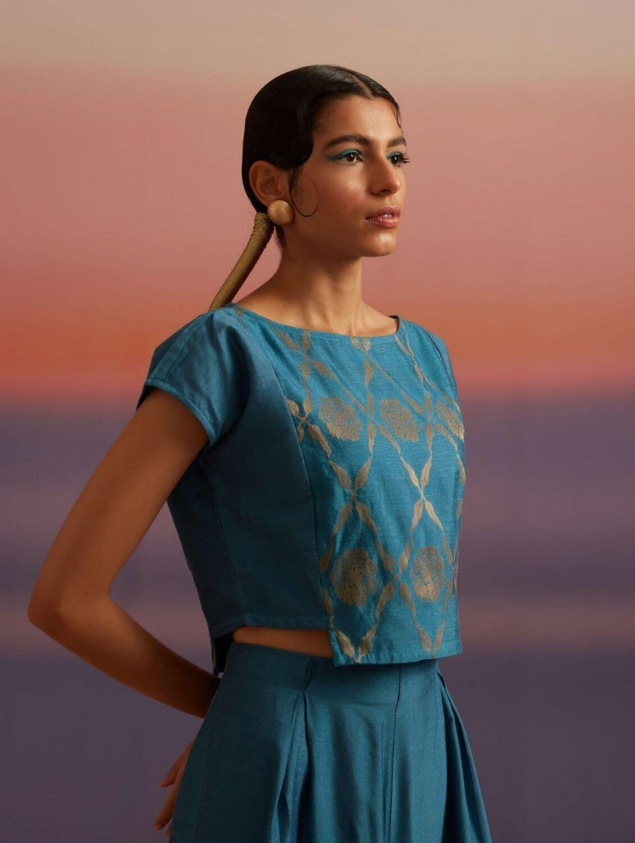 Coral Blue Banarasi Crop Top With Center Panel